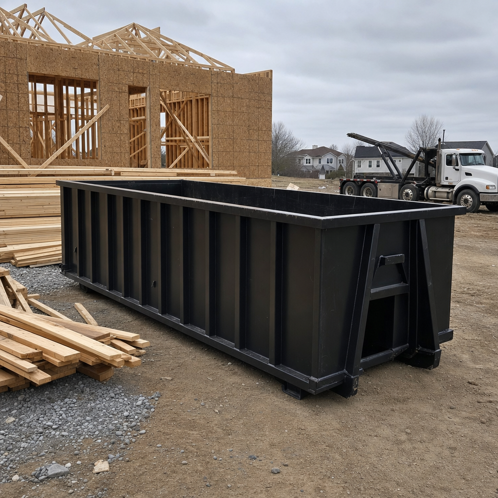 Matte-black 40-yard roll-off dumpster staged on a framed-out residential construction site in Fargo, framing lumber stacked nearby, hooklift delivery truck visible in the background under bright Colorado daylight
