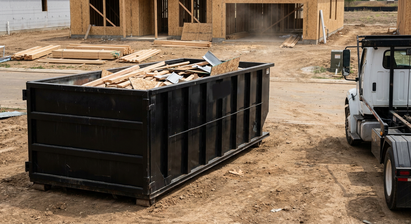 Matte-black 20-yard roll-off construction dumpster with heavy ribbed steel sidewalls and swing rear doors at a working jobsite in Fargo, sitting directly on compacted dirt with an unmarked white hauler partially visible at the far edge of the frame.