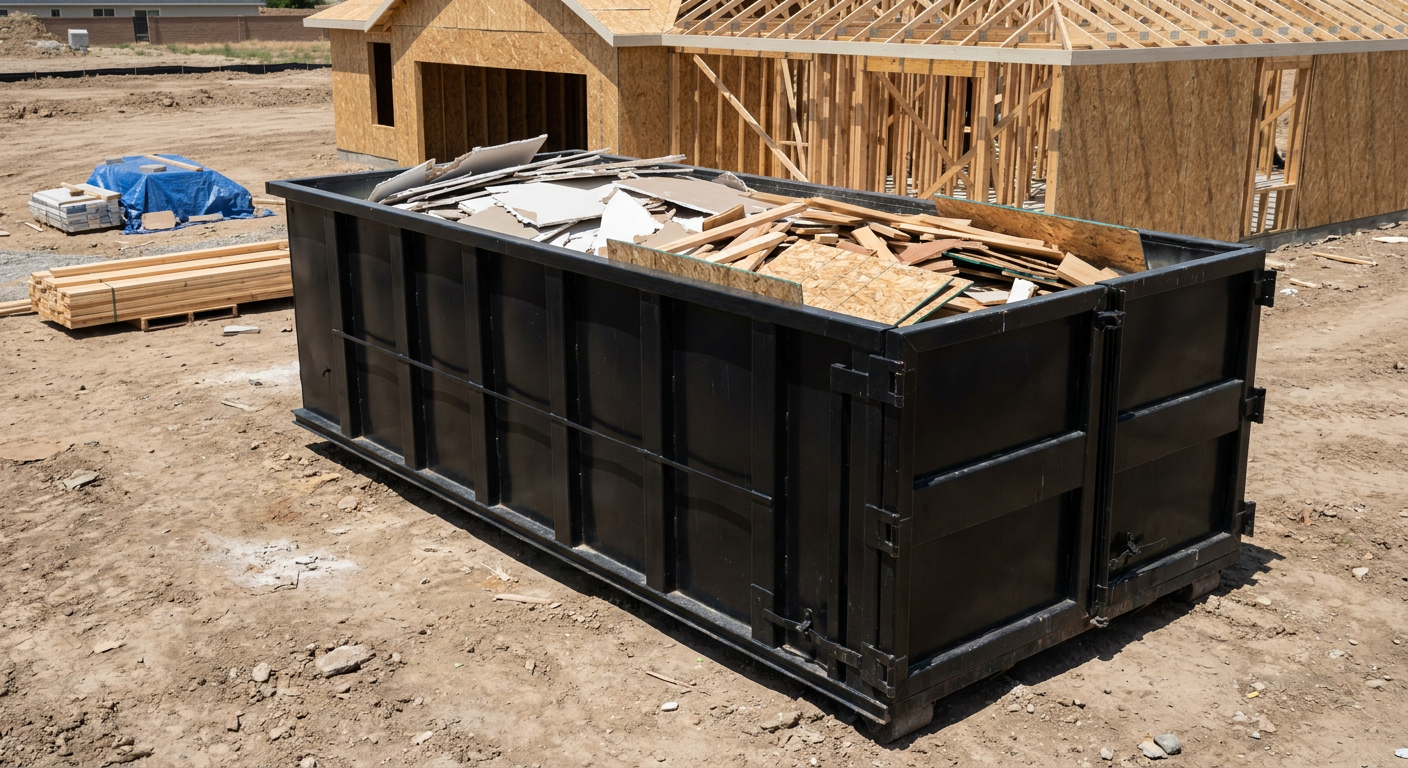 Matte-black 30-yard roll-off construction dumpster sitting directly on the compacted-dirt site of a framed single-family home build in Fargo, drywall and lumber scrap loaded inside.