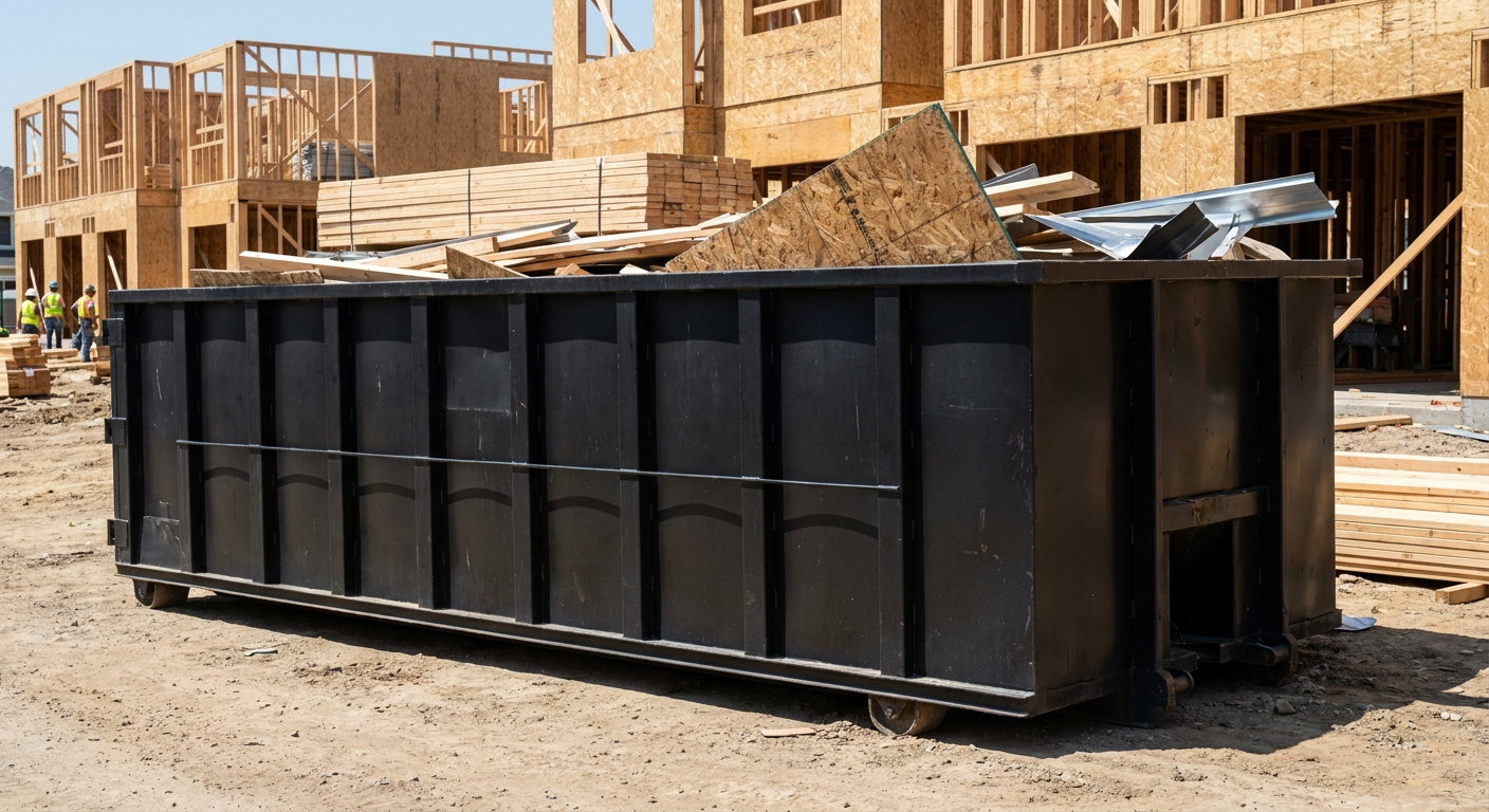 Matte-black 40-yard roll-off construction dumpster being lowered from a white-cab hooklift delivery truck onto the compacted-dirt jobsite at a commercial build site in Fargo