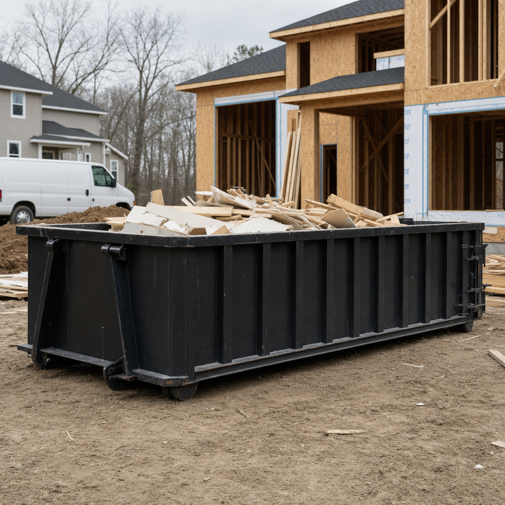 Worker in a yellow high-visibility vest tossing framing lumber and broken drywall into a matte-black 30-yard construction roll-off dumpster on an active build site in Fargo, bright daylight