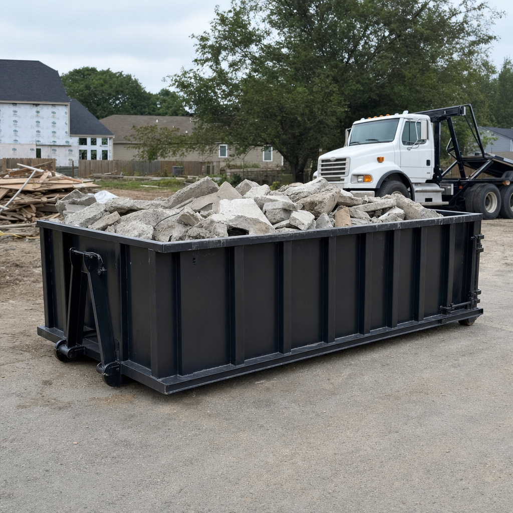Low-profile matte-black lowboy roll-off dumpster loaded with broken concrete slab and rebar at a foundation tear-out in Fargo, skid steer parked beside it, sunny Colorado morning