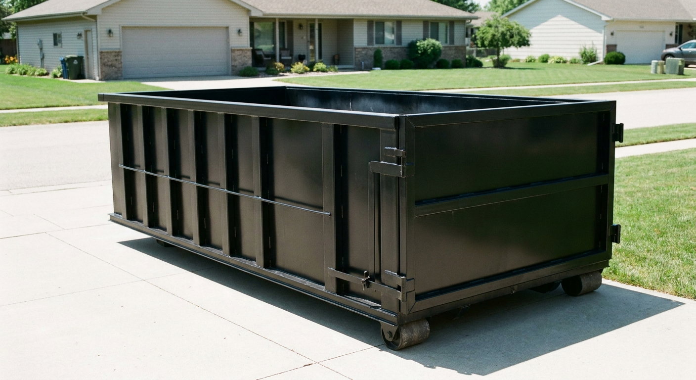 Matte-black 10-yard roll-off dumpster on a residential concrete driveway in Fargo, uniformly painted matte black across every panel and rail, ribbed steel sidewalls and rear swing door visible, mid-day daylight.