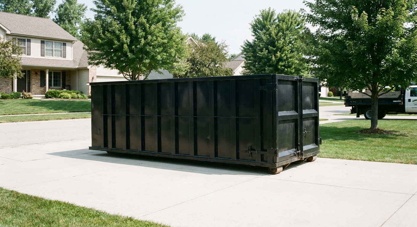 Matte-black 20-yard roll-off dumpster sitting level on a clean Fargo residential concrete driveway under bright daylight, demonstrating clean placement directly on the concrete.
