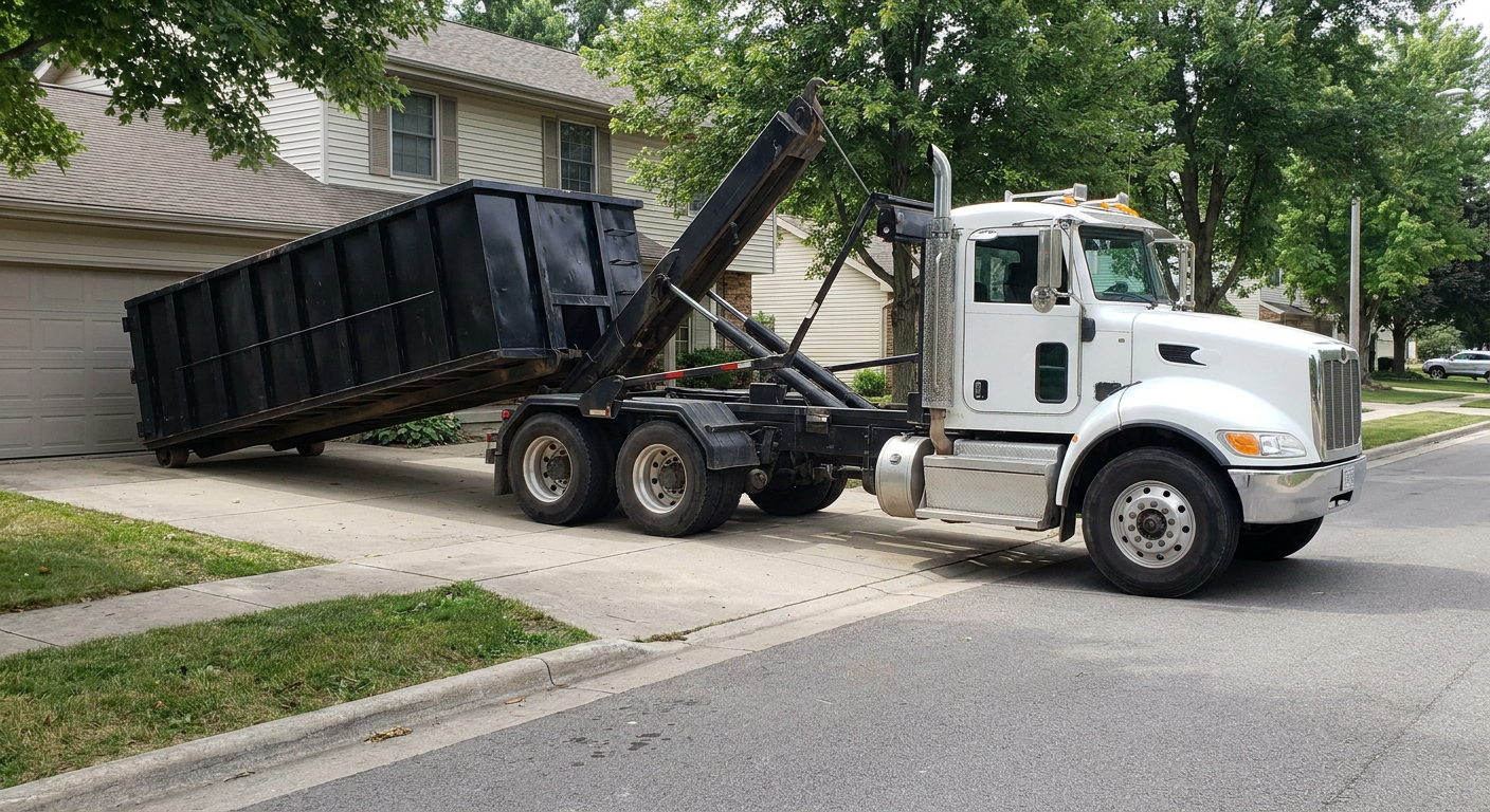 White-cab hooklift roll-off truck actively lowering a matte-black dumpster onto a Fargo residential concrete driveway, the dumpster's rear wheels touching the driveway as the hoist arm tilts the bed forward, mid-morning daylight.