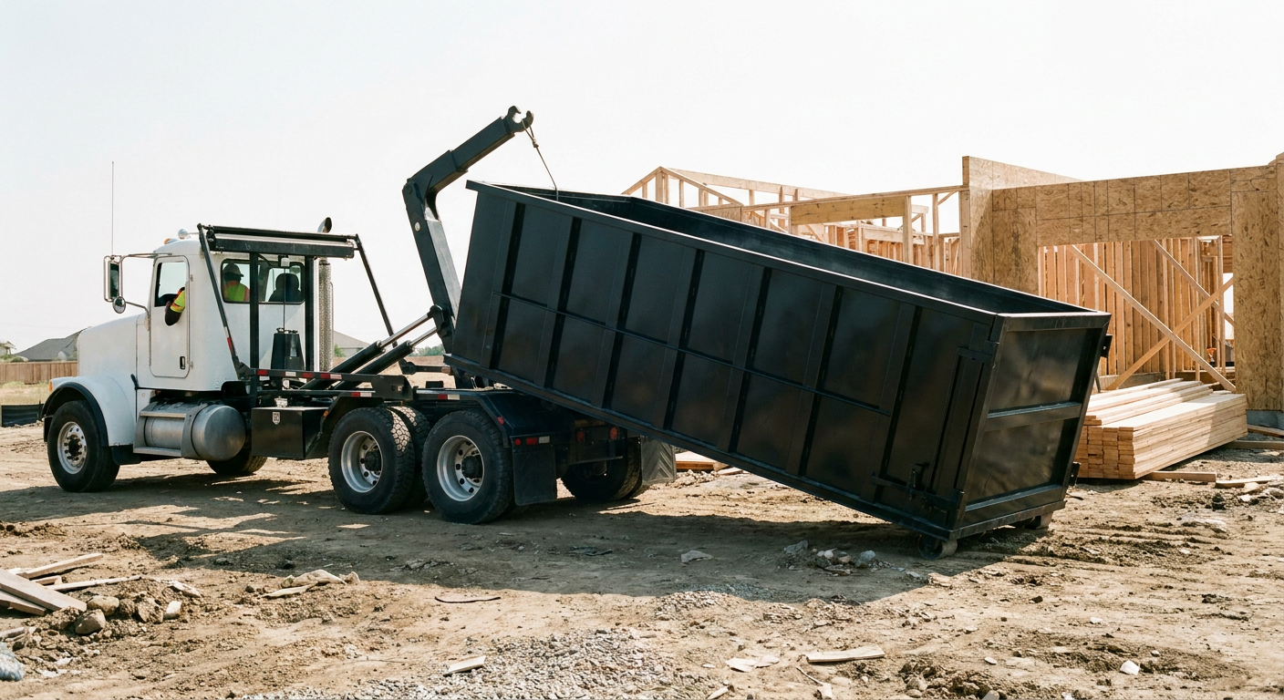 Matte-black roll-off dumpster being delivered onto a clean residential concrete driveway in Fargo by an unmarked white hooklift hauler truck, bright morning daylight, documentary 35mm perspective.