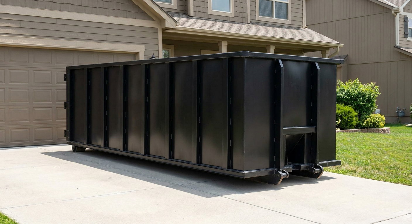 Matte-black residential roll-off dumpster sitting directly on a suburban Fargo concrete driveway, garage door closed, single-family home in background, bright morning daylight.