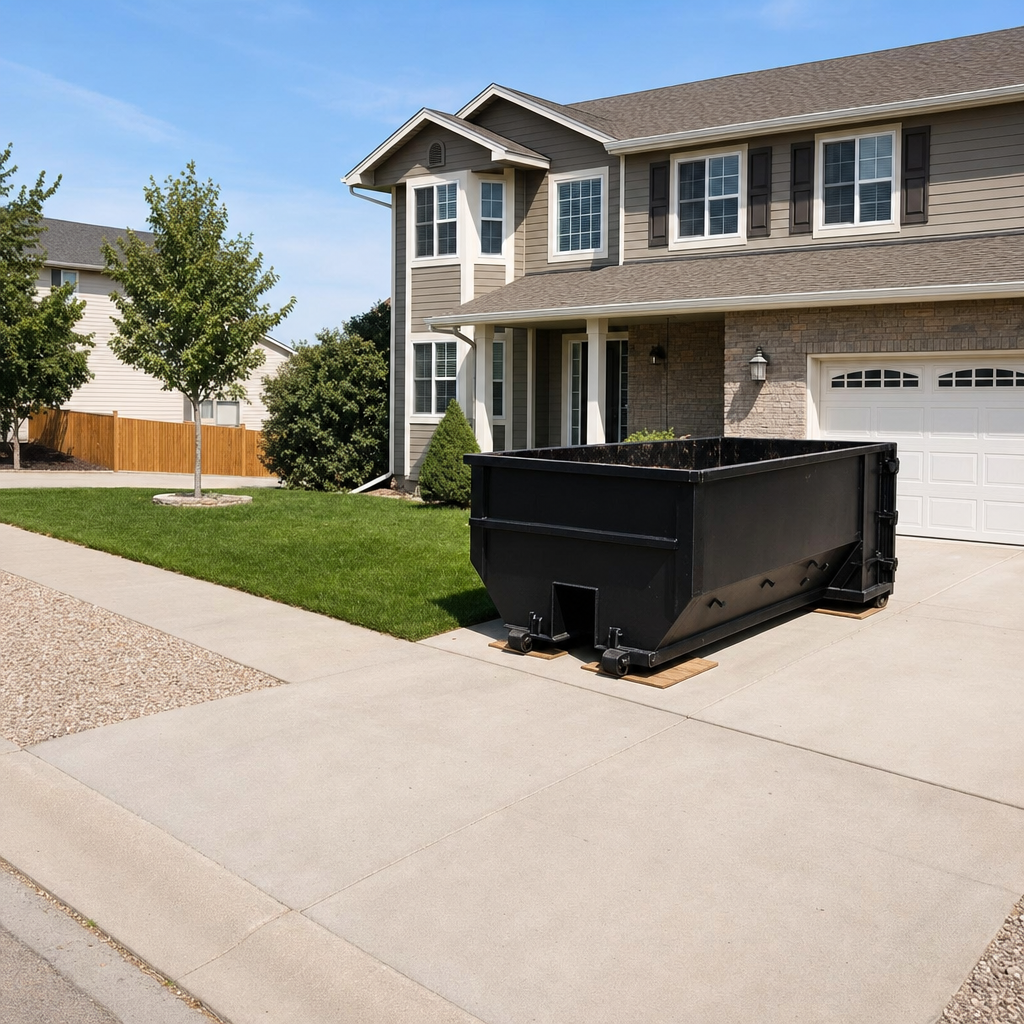10-yard matte-black residential dumpster placed directly on a narrow Fargo concrete driveway, room remains for a parked sedan beside it, mid-morning natural light