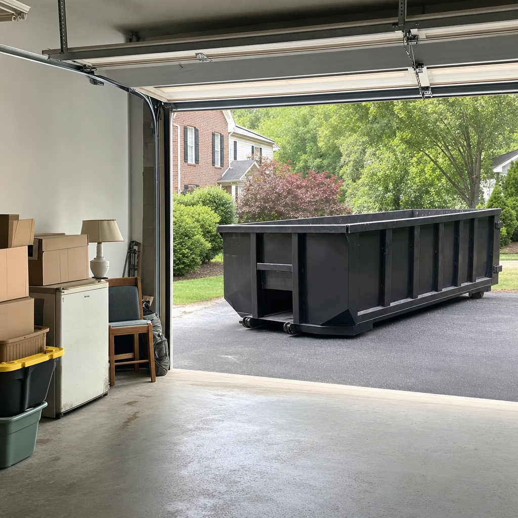 Open garage interior in a Fargo home mid-cleanout — boxed items, an old appliance, and stacked yard tools queued near the driveway for a matte-black roll-off dumpster, organized and calm