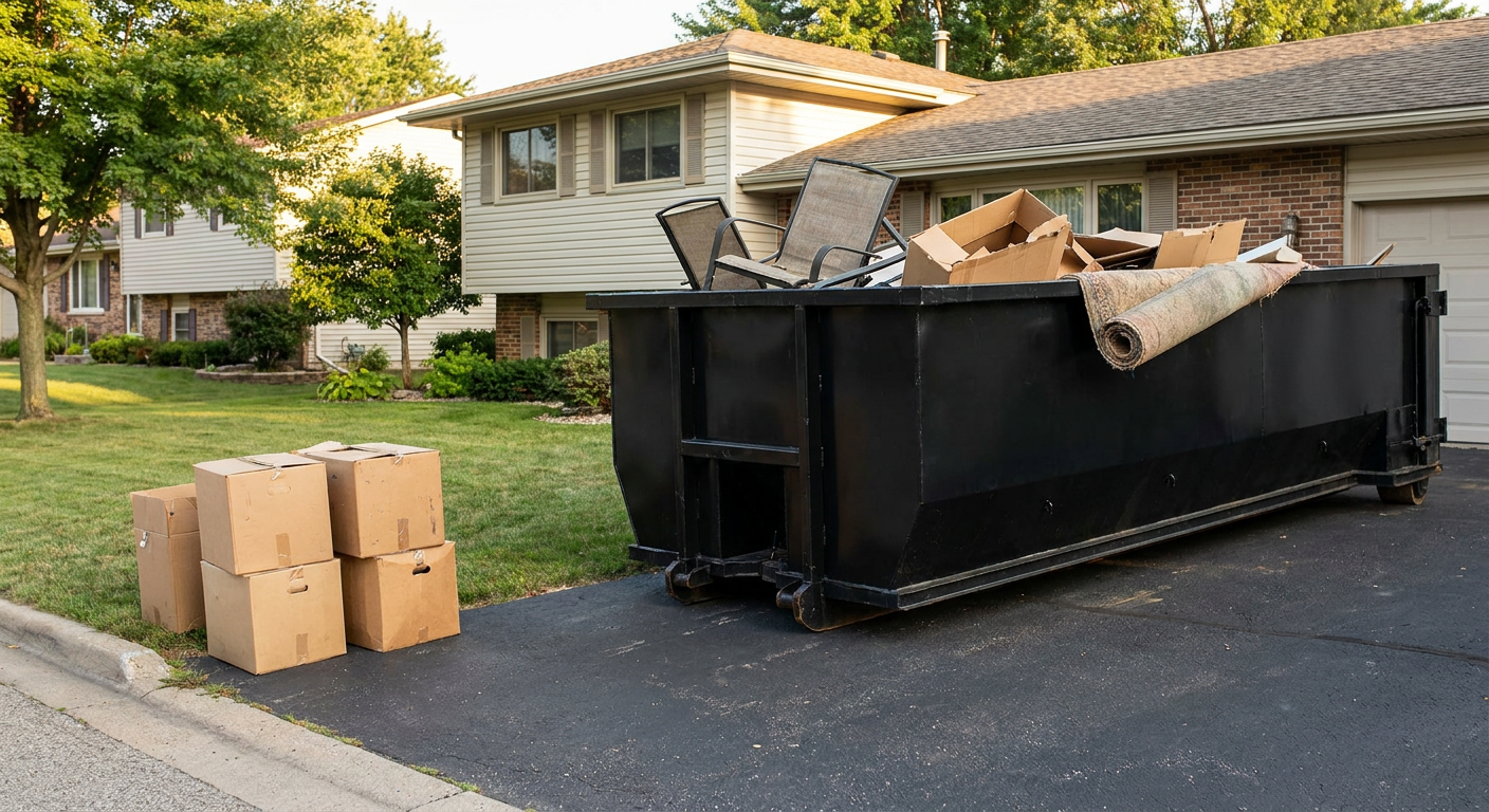 Front-yard view of a Fargo split-level home with a 20-yard matte-black roll-off dumpster sitting directly on the asphalt driveway, a few clearly labeled donation boxes staged at the curb, calm sunny afternoon.