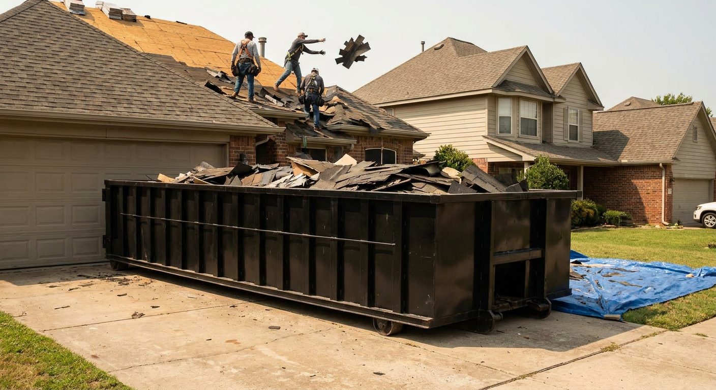 Matte-black roofing roll-off dumpster placed directly on a Fargo residential concrete driveway, a tear-off crew on a two-story asphalt-shingle roof tossing shingle bundles into the low-walled container, bright daylight, documentary 35mm perspective.