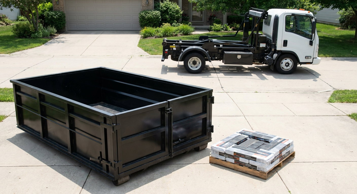 Matte-black 15-yard roofing roll-off dumpster with reinforced low side walls sitting directly on a Fargo residential concrete driveway, three-tab asphalt shingle bundles stacked nearby, an unmarked white hauler truck partially visible at the edge of the frame.