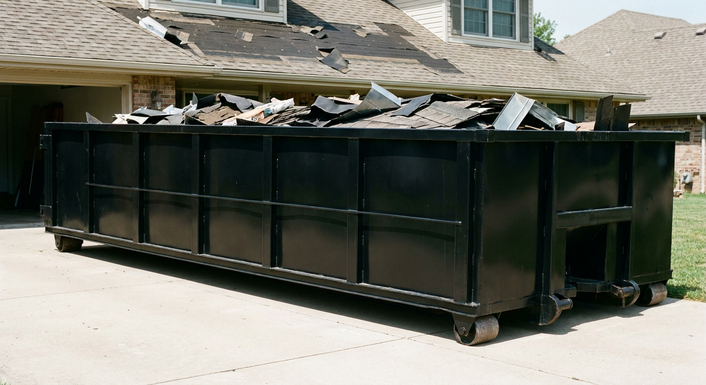 Matte-black 20-yard roofing roll-off dumpster with steel ribbed sides and swinging rear door, sitting directly on the concrete driveway of a two-story Fargo home, asphalt shingle debris being loaded over the low wall, clean documentary lighting.