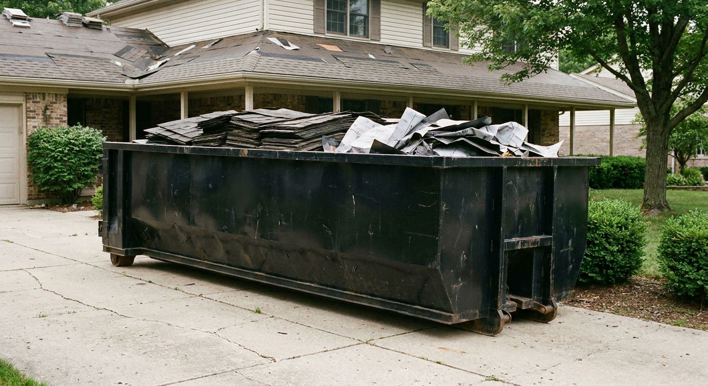 Matte-black 30-yard roofing roll-off dumpster sitting directly on a Fargo concrete driveway, taller ribbed steel side panels, mixed tear-off debris of asphalt shingles and underlayment inside, professional documentary daylight.