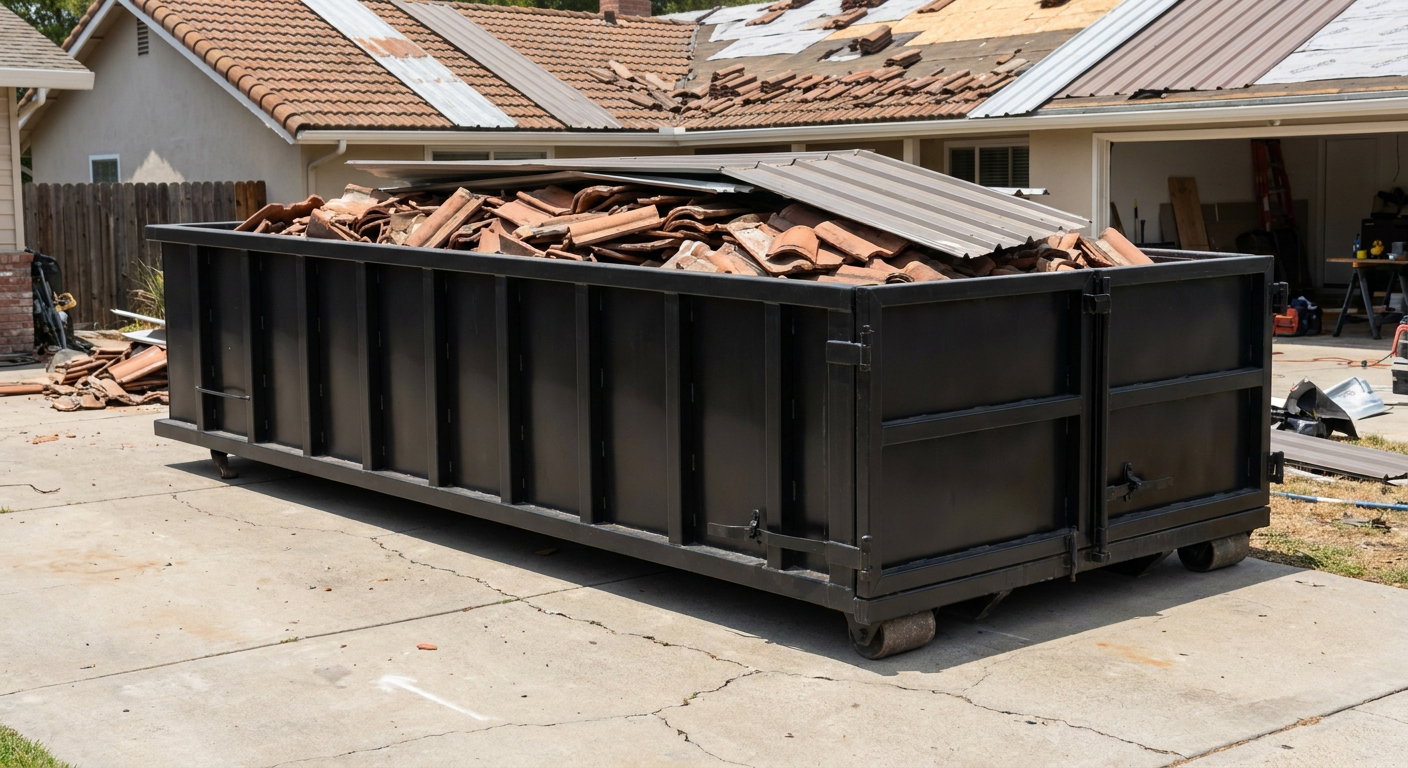 Matte-black low-wall heavy-debris roofing roll-off dumpster sitting directly on a Fargo concrete driveway, broken concrete clay roof tiles and metal panel sections loaded inside, reinforced ribbed steel side walls visible, bright outdoor daylight.