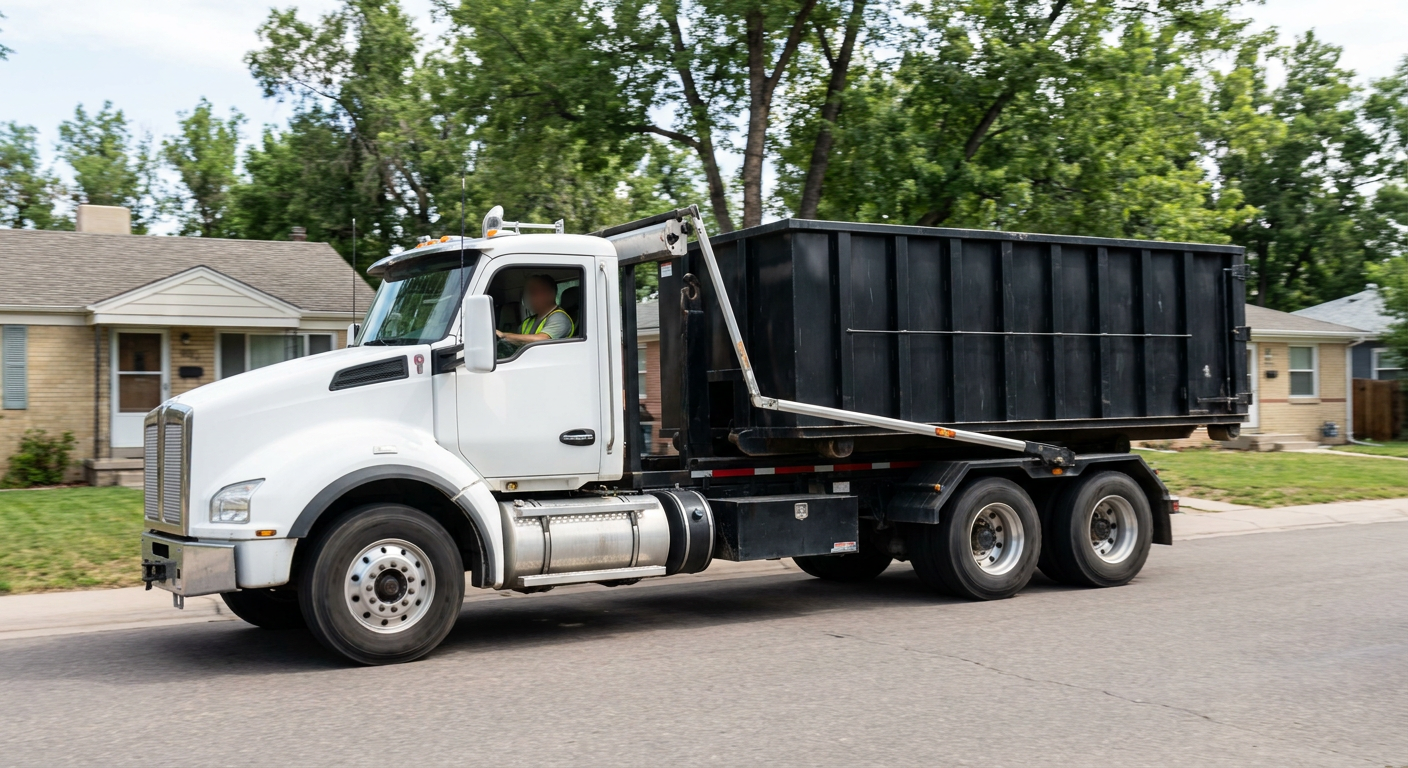 A wide documentary shot of a matte-black roll-off delivery truck pulling onto a quiet Fargo residential street at mid-morning, with neighborhood rooftops and tree-lined blocks visible behind, showing the metro coverage footprint.