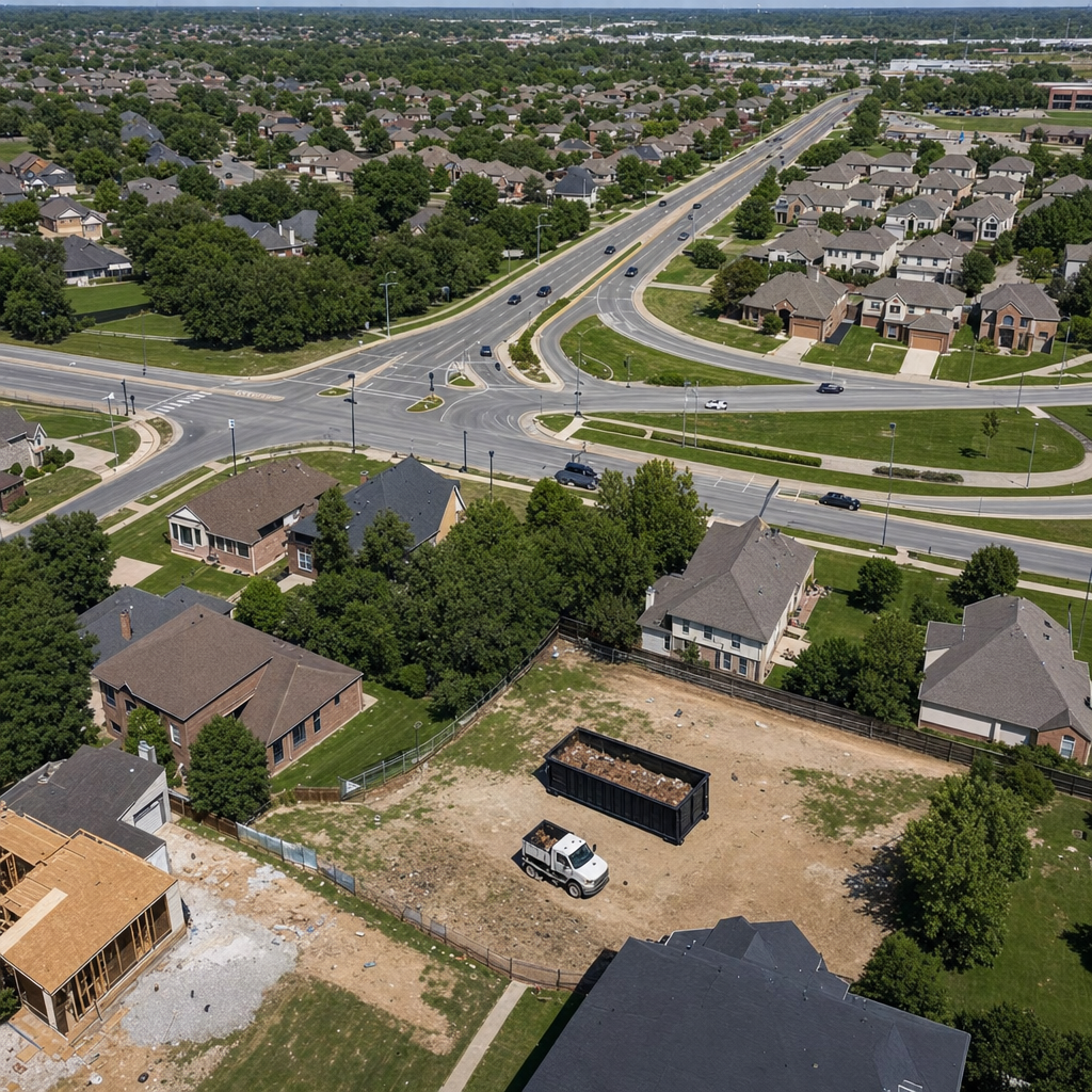 An overhead documentary view of the Fargo metro area at midday, showing the spread of neighborhoods, arterial roads, and the dispatch radius from a central yard — clean daylight, organized geographic layout.