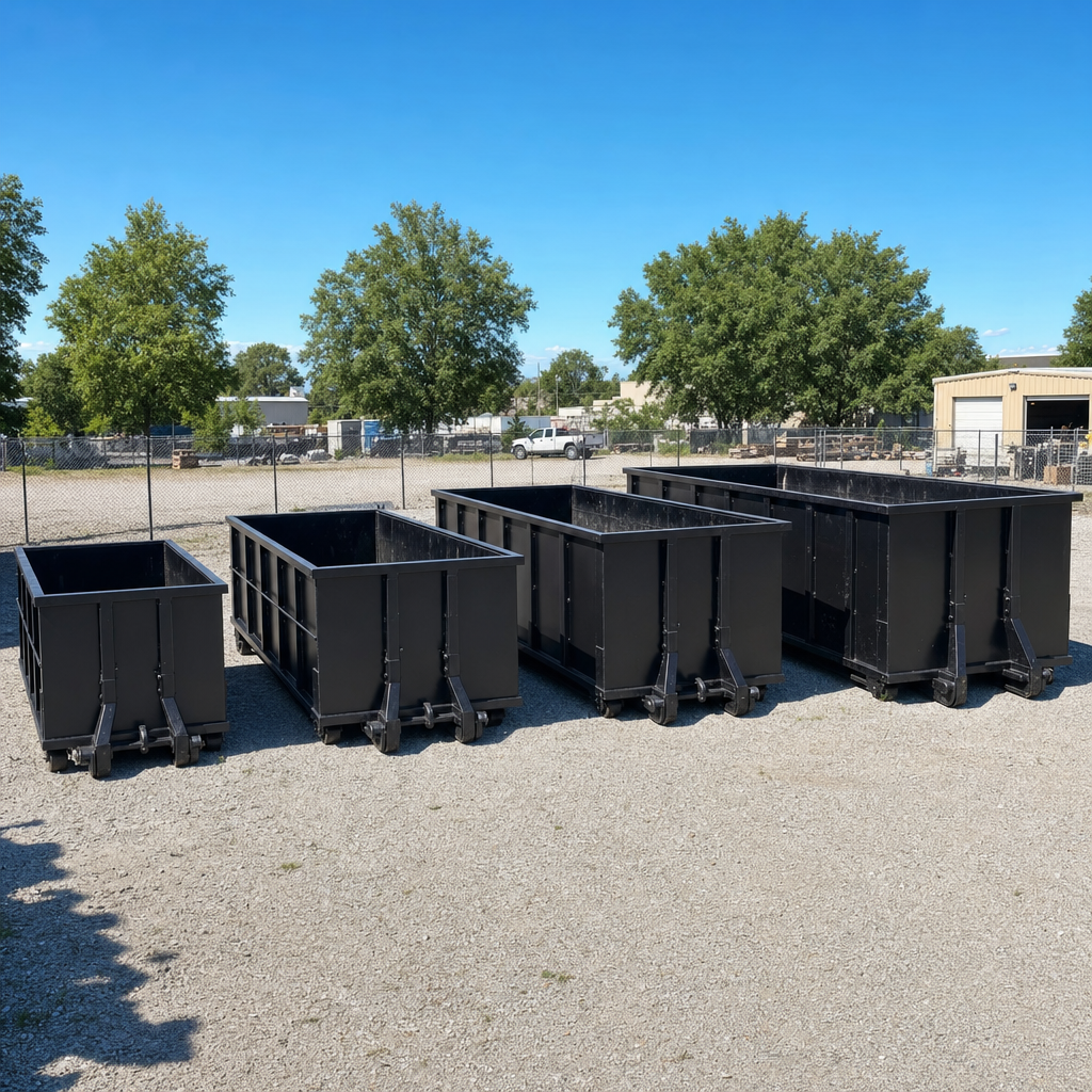A clean lineup of matte-black roll-off dumpsters in 10, 20, 30, and 40-yard sizes staged on a sunlit gravel yard in Fargo, showing the size progression from compact to commercial-scale containers.