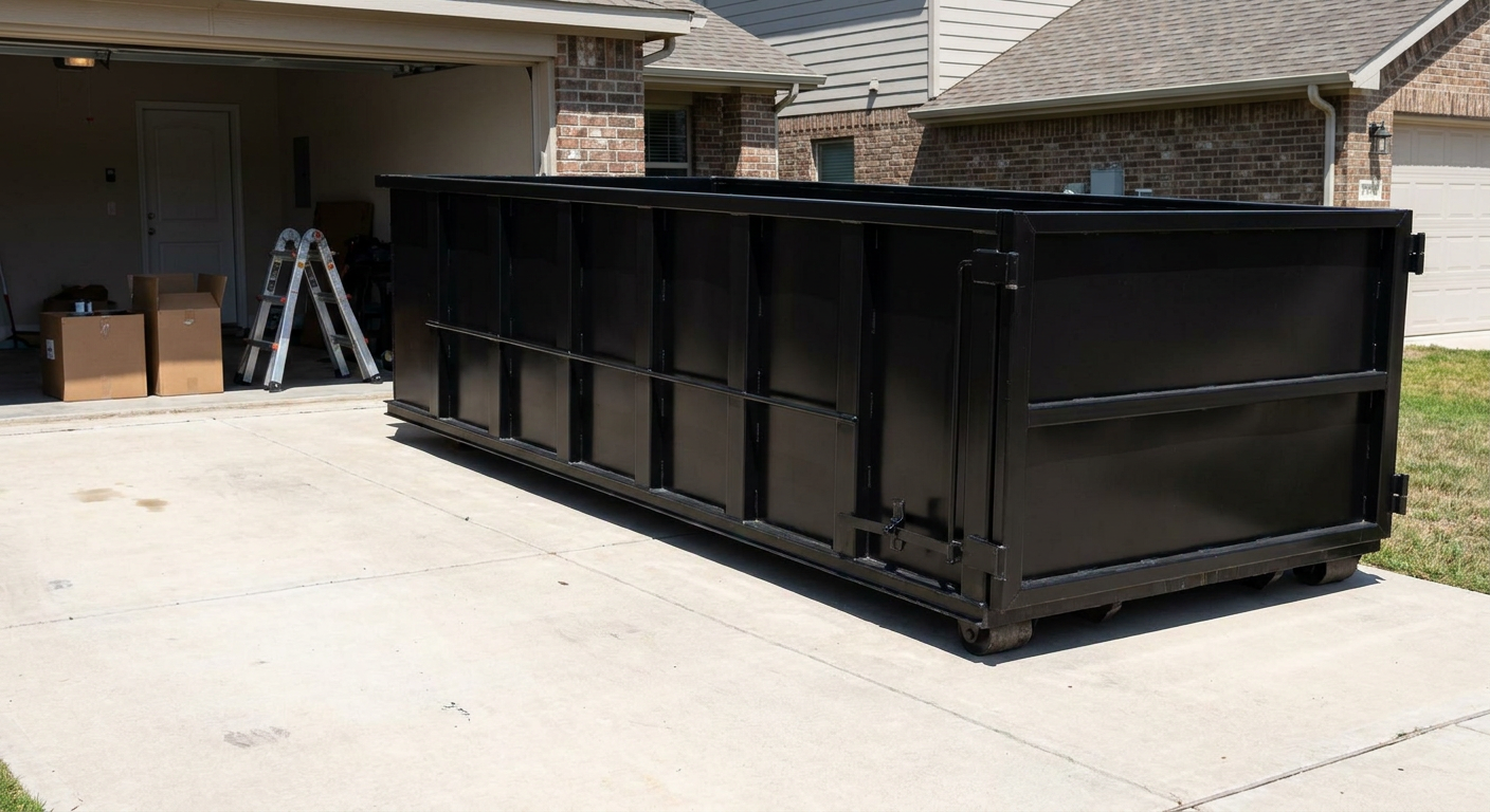 A matte-black 10-yard roll-off dumpster sitting directly on a residential Fargo concrete driveway, mid-day sunlight, clean and ready for a garage cleanout.