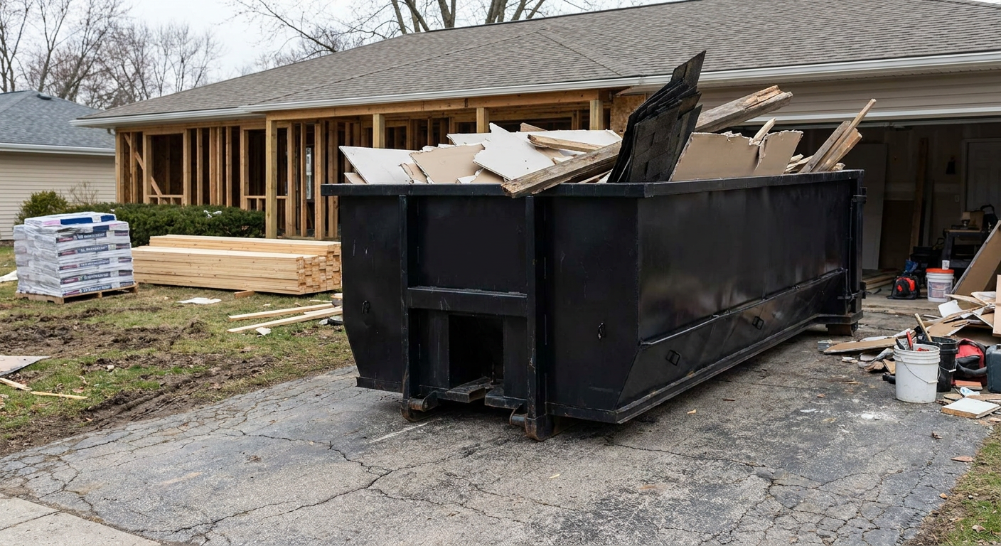 A matte-black 20-yard roll-off dumpster placed alongside a mid-renovation Fargo home directly on the asphalt driveway, with framing materials and torn-off shingles staged neatly nearby.
