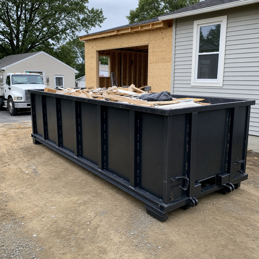 A matte-black 30-yard roll-off dumpster positioned at a Fargo residential addition jobsite, with framing lumber and drywall scraps loaded through the open swinging rear doors.