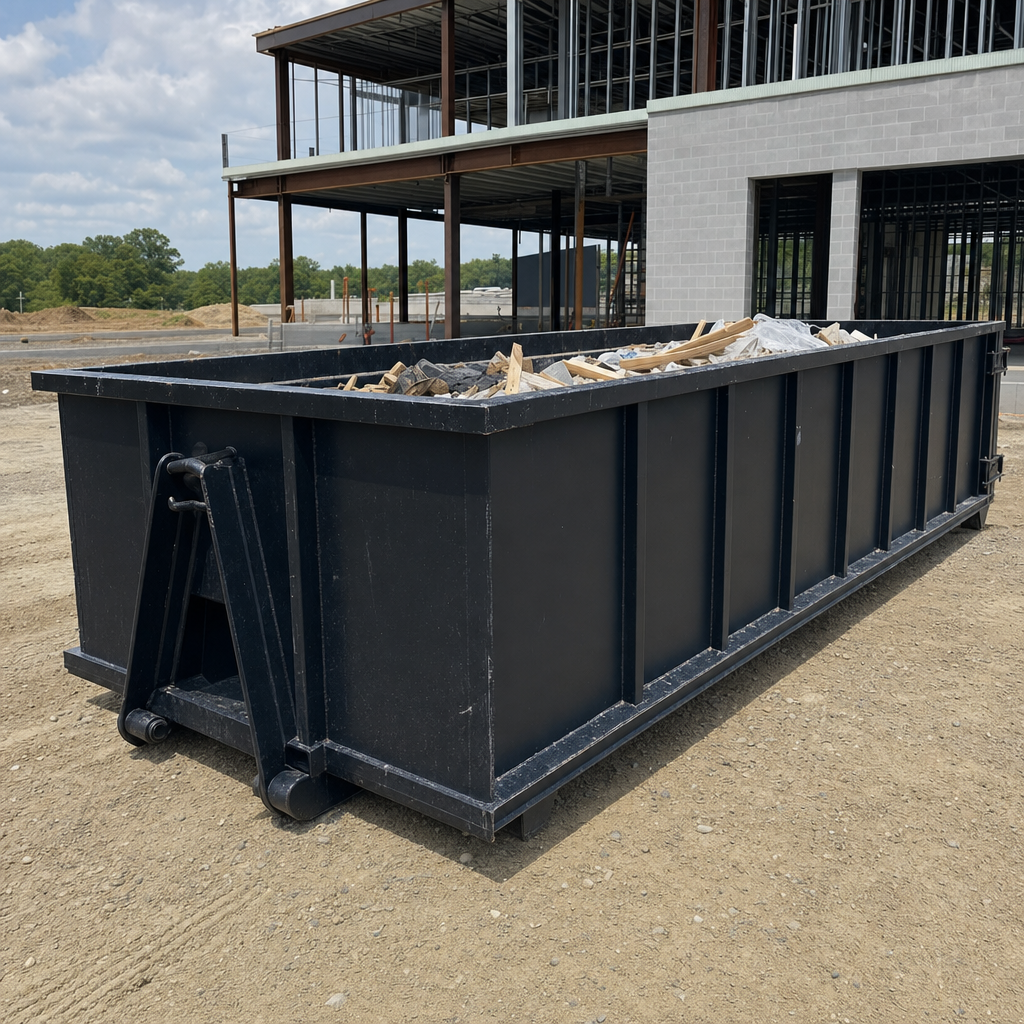 A matte-black 40-yard roll-off dumpster staged on a large Fargo commercial construction lot, with a hooklift delivery truck parked alongside under bright midday sky.