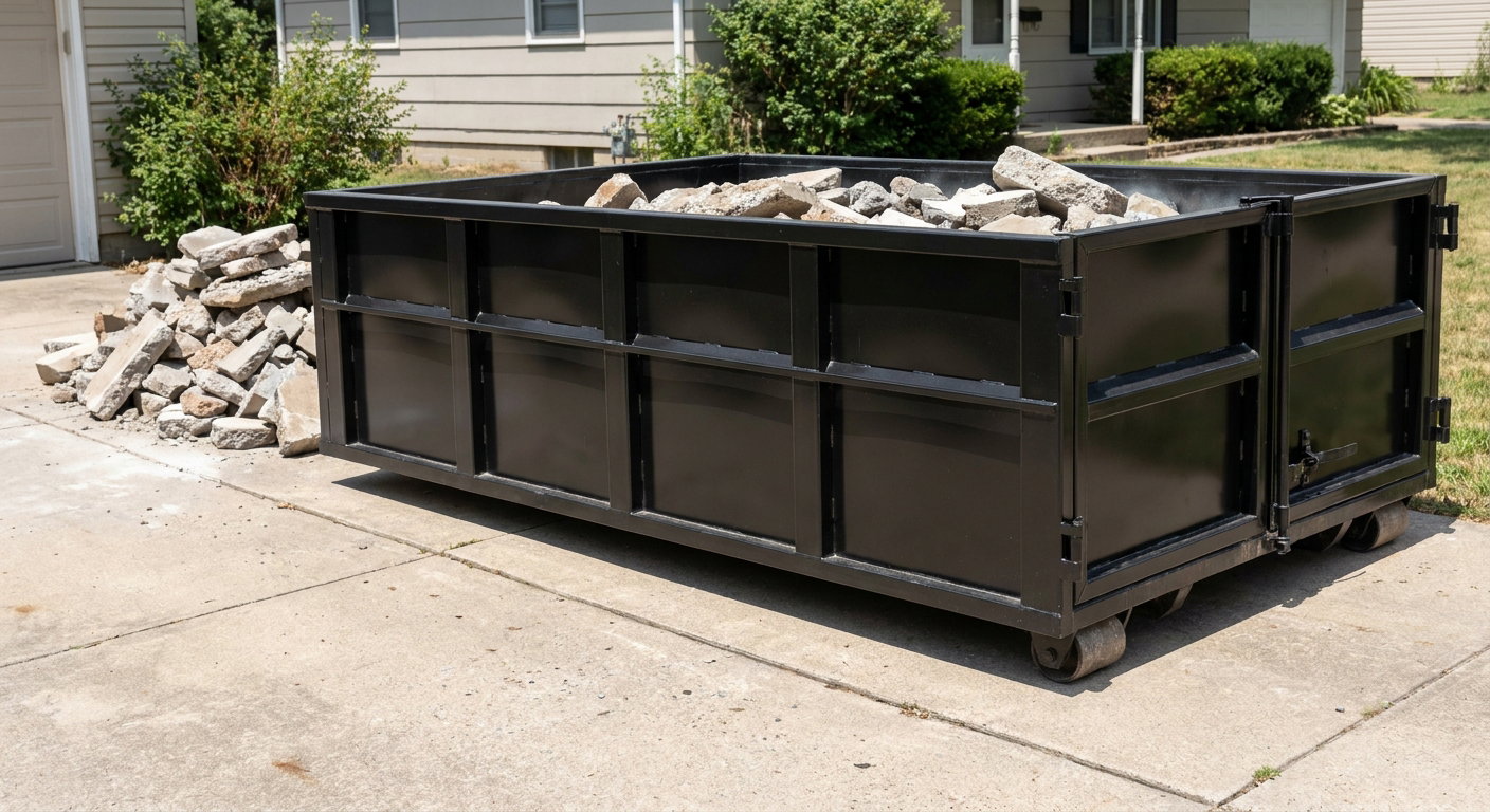 A matte-black low-side heavy-debris roll-off dumpster placed directly on a Fargo concrete driveway, with broken concrete chunks neatly stacked beside it under clean daylight.