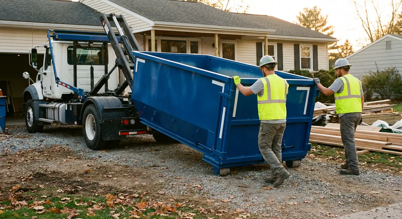 Construction dumpster delivery truck in action in Fargo, ND