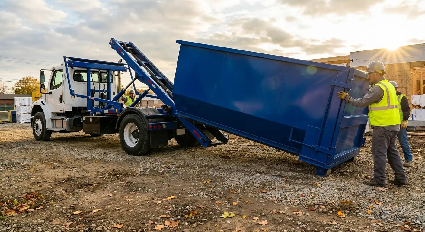 Construction dumpster delivery truck at job site in Fargo, ND