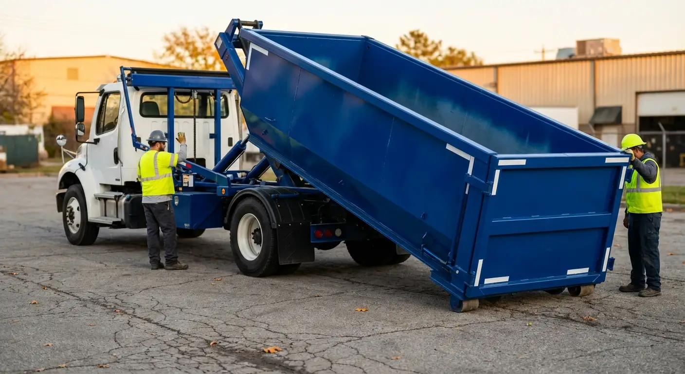 Roll-off dumpster rental truck protecting driveway surfaces in Fargo, ND