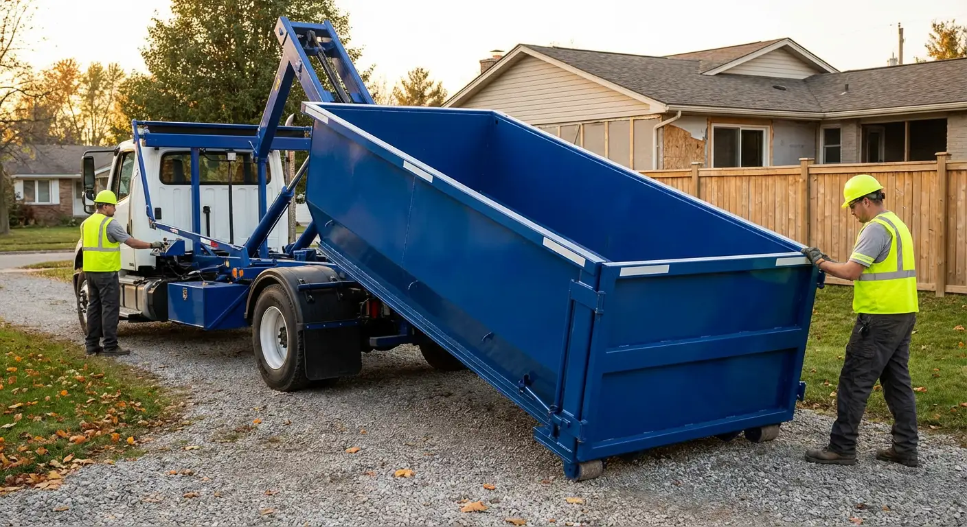 Roll-off dumpster rental delivery truck in Fargo, ND