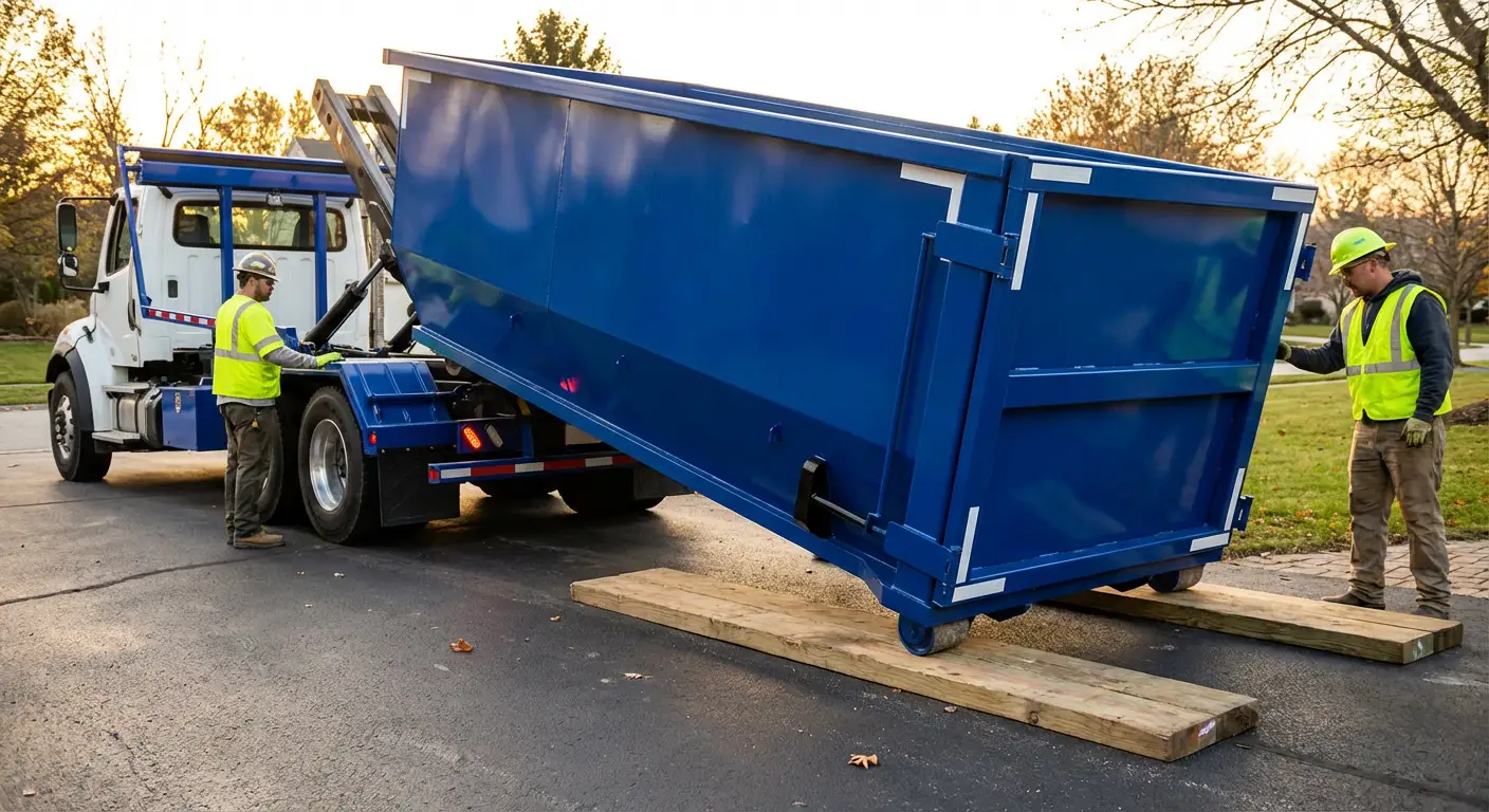 Dumpster delivery on driveway in Fargo, ND